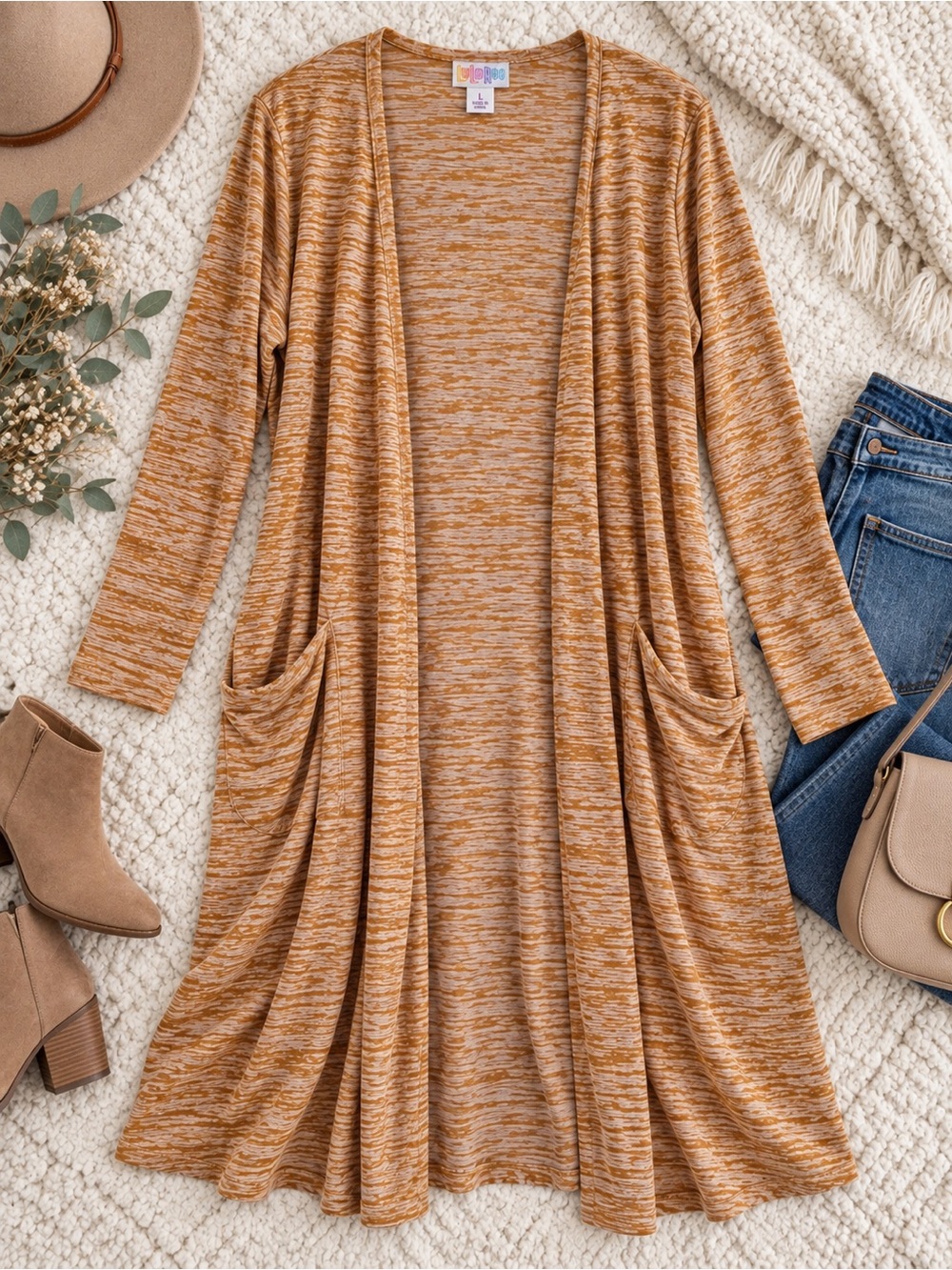 LuLaRoe Marled Mustard-Tan Open-Front Cardigan
